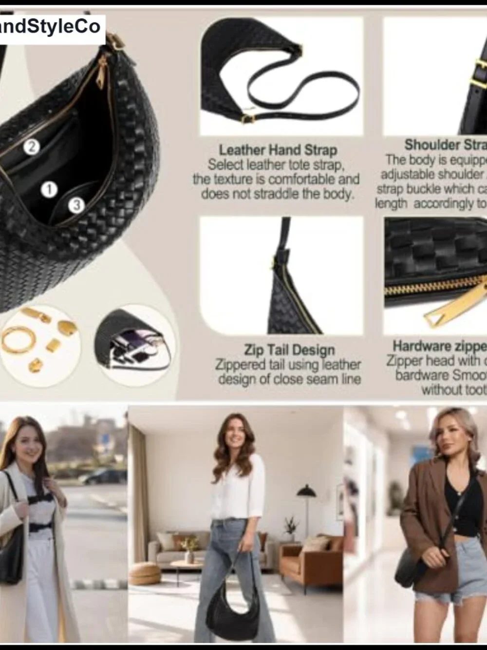Woven Vegan Leather Shoulder Bag Crossbody Tote Hobo with Adjustable Strap